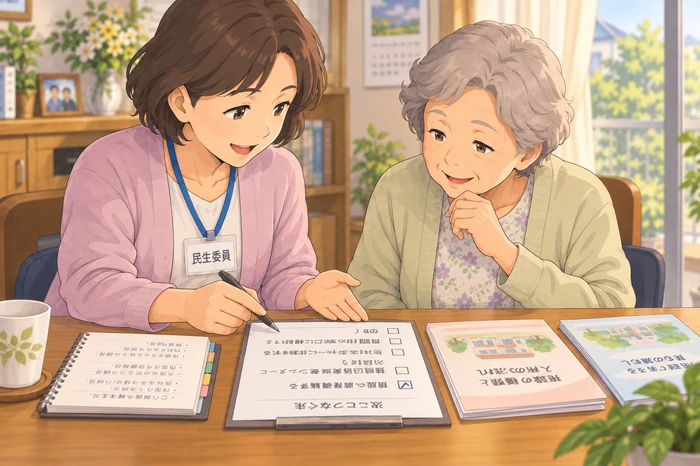 民生委員が関係者や窓口を検討して次の担当先を決める場面の画像