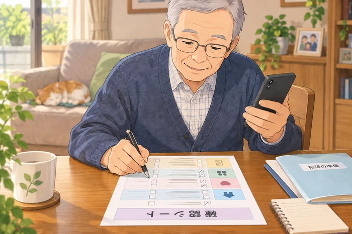 確認シートをテーブルに広げ、スマホで受け取り案内を確認しながら記入する高齢男性の画像