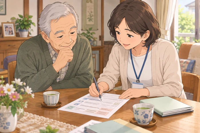 民生委員が訪問中に対応確認シートの項目（現金・通帳・支払い・緊急性）を本人と一緒に記入している画像