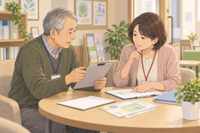 民生委員が記録を持って関係機関の担当者と状況を話し、引き継ぎ先を相談している画像