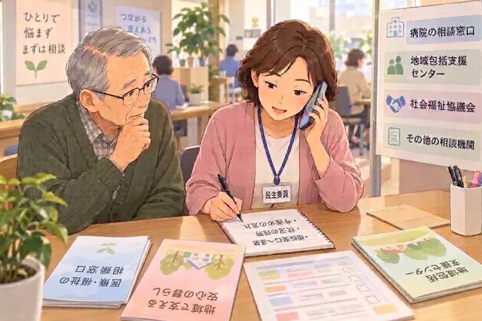 民生委員が相談先へ電話をかけ、高齢者と一緒に対応先を確認する画像