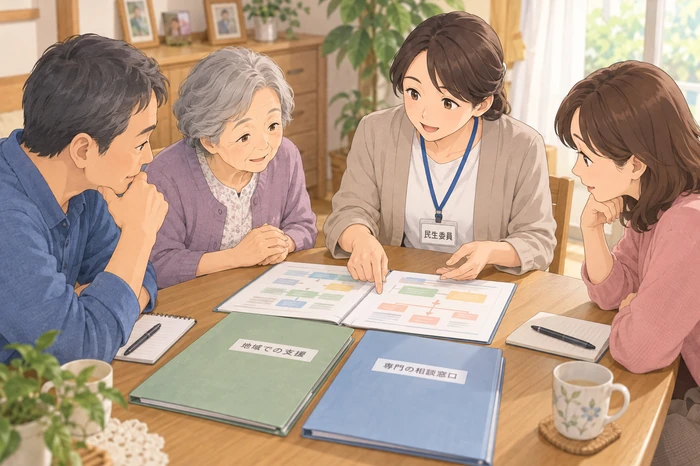 民生委員が家族と高齢者に対して、できることと専門窓口に分かれることを説明している画像