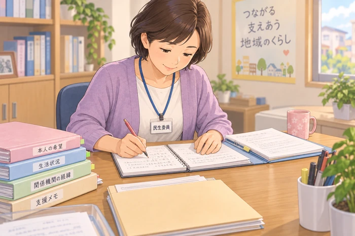 民生委員が本人の希望や生活状況、関係機関の経緯を簡潔にまとめる画像
