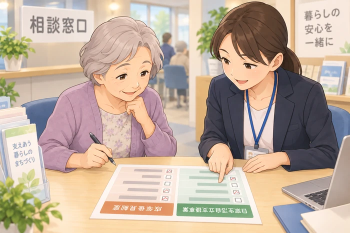 社会福祉協議会の窓口で高齢者と職員が支援の違いを示す簡易チェック表を比べている画像