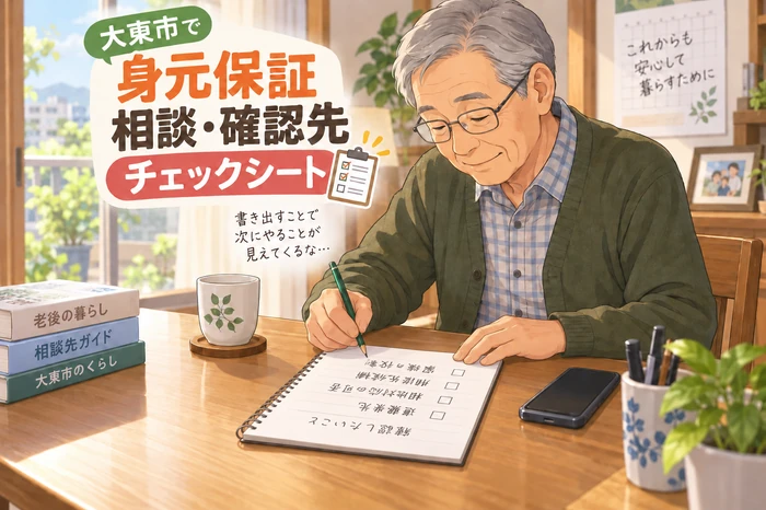 チェックシートに記入しながら受け取り方法をスマホで確認する中年女性、チェック項目に生活と保証の分け方が示唆されている画像