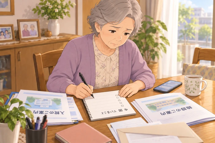 自宅のテーブルで電話をかけながら入院時の確認事項をメモする大東市在住の親の子ども、身元保証について病院へ問い合わせる場面の画像