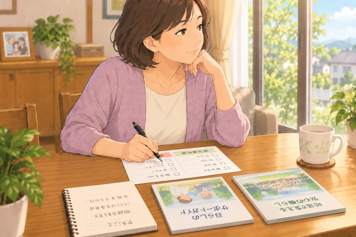 家族が今の困りごとを整理し、どちらへ相談するか決めようとするメモを書く様子の画像