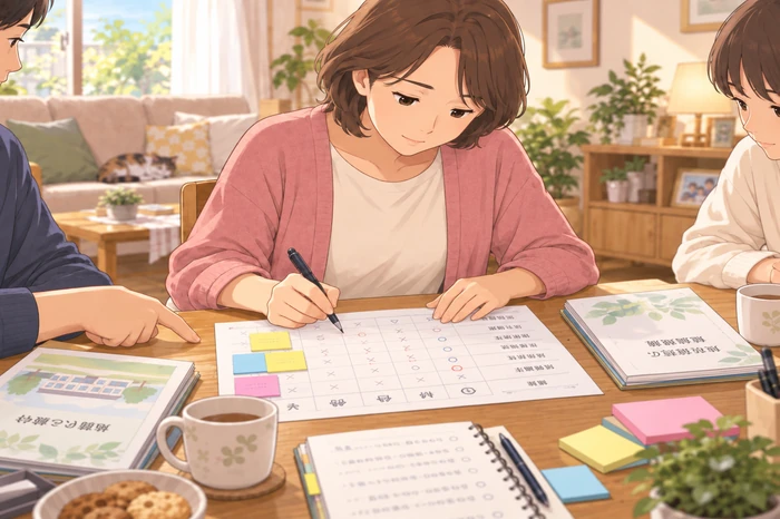 家族で誰が何を対応できるかを分担表に書き、外部へ頼む項目を決める中年の女性の画像