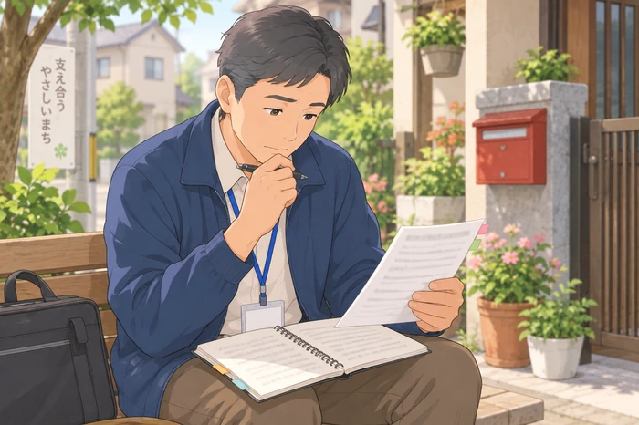 民生委員がノートと過去の記録を見比べて生活の変化を確認する様子の画像