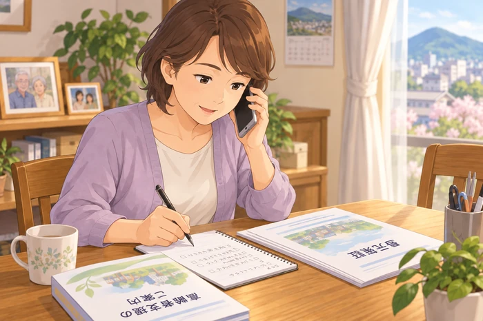 家族会議で誰がどの連絡や手続きを担当するかを書いた簡易の役割表を見せ合う中年男女の場面画像