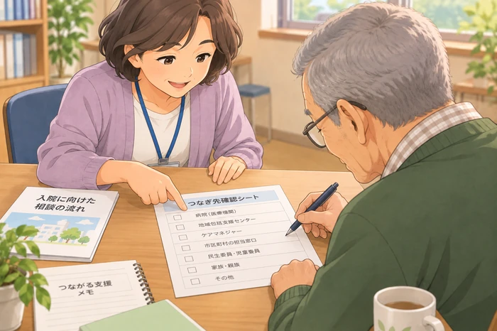 民生委員の女性がつなぎ先確認シートを指しながら、本人と誰が連絡を引き受けるかを決めている画像