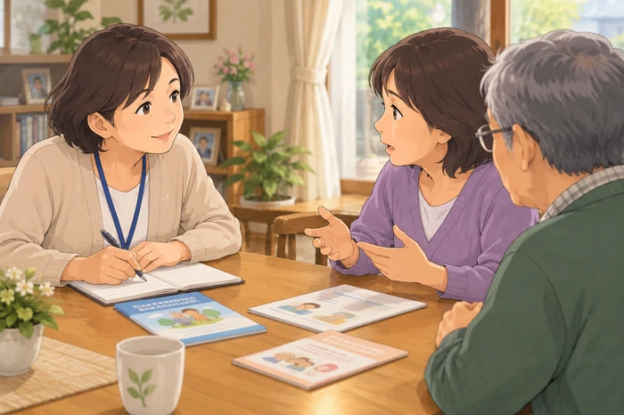 民生委員が家族の話を聞き、必要に応じて地域包括支援センターへつなぐことを示す相談場面の画像