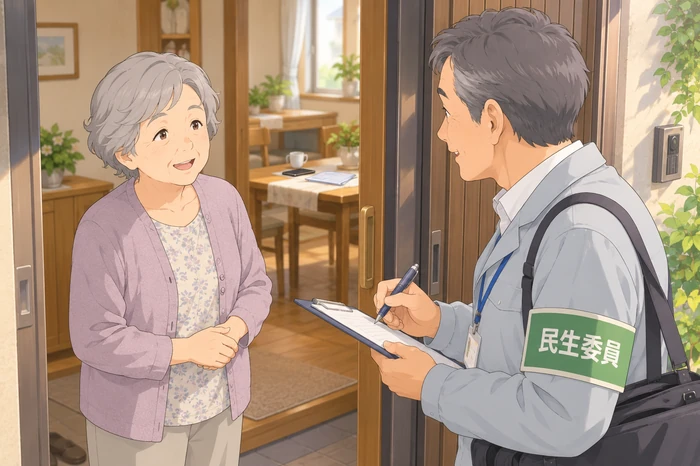 遠方の家族からの情報を受け、民生委員が高齢者宅で状況確認をしている場面の画像
