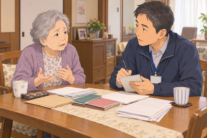 民生委員がその場で金銭管理を引き受けないようにし、頼まれた内容と期間を尋ねてメモする場面の画像
