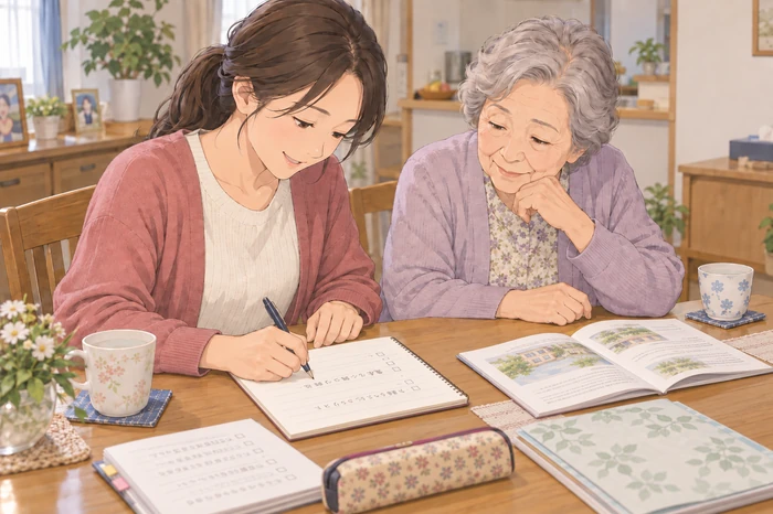 親族が遠方で頼みにくい事情をまとめ、施設へ伝えるためのメモを一緒に作る高齢女性と娘の画像