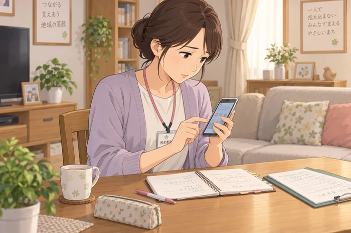 民生委員が依頼内容と記録を持ち、所属組織へ相談するために連絡を取ろうとしている画像