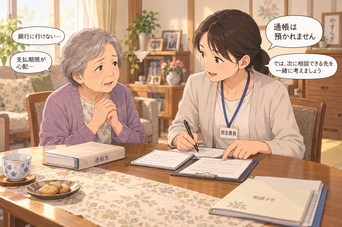 民生委員が金銭管理を引き受けられないと伝えた後に、高齢者の困りごとを聞き次の相談先を一緒に決めている画像