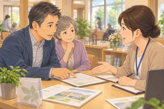 施設の相談室でスタッフの話を家族がメモし、身元保証に求められる具体的な対応を確認している場面の画像