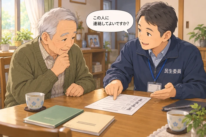 民生委員が本人の同意を得て家族への連絡可否と対応可能性を確認する画像