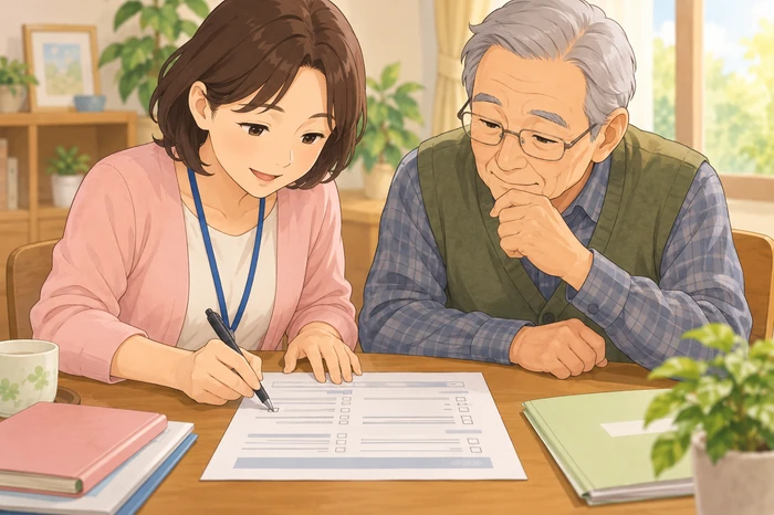 確認シートに記入しながら高齢者と内容を確認する民生委員の画像