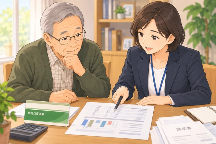 成年後見人役の専門職と高齢者が簡略された家計帳や通帳の見取り図を見ながら話し合っている画像