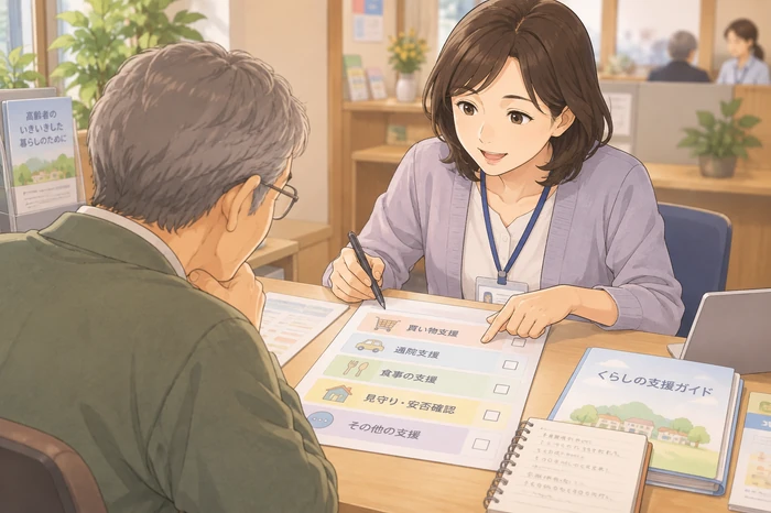 家族が地域包括支援センターの専門職と具体的な支援を相談している場面の画像