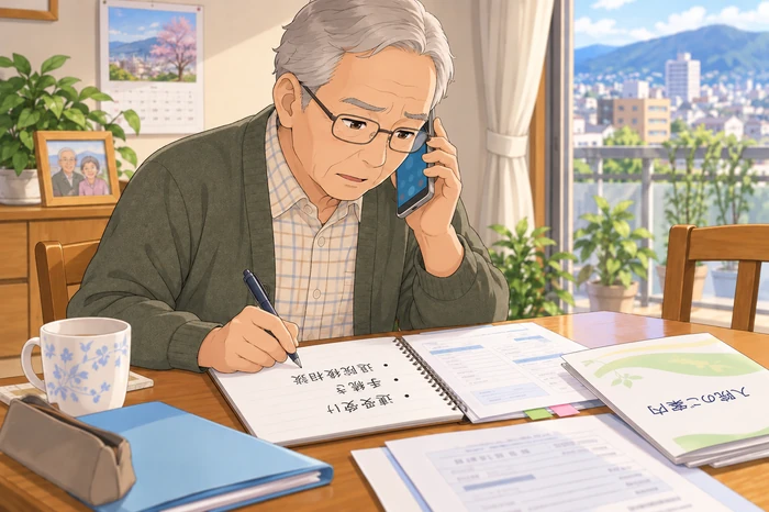 病院へ電話で連絡内容を確認する中年の家族、隣に退院後の生活メモを置いている画像