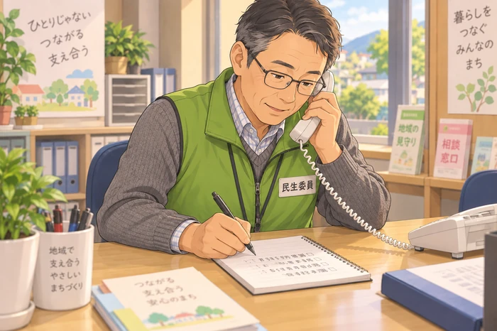 民生委員の男性が病院担当者の要望を電話で聞き取り、何を民生委員が対応し、何を他機関に渡すかをメモしている画像