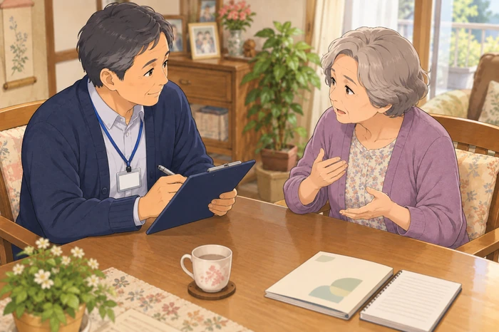 民生委員が高齢者の入所希望の理由と日常生活の困りごとを確認する画像