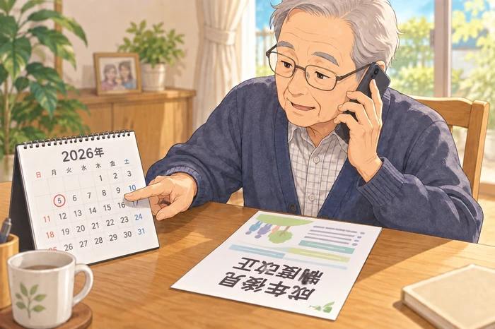 高齢男性がカレンダーと簡略化された改正案パンフを見比べている画像