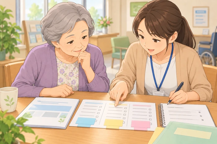 高齢女性と支援者が病院の案内書を見ながら、身元保証や付き添いの対応を分けてメモしている画像