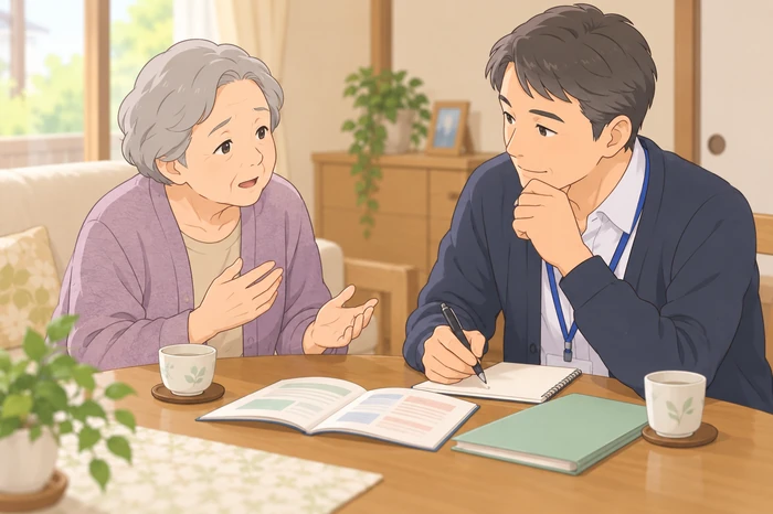 高齢者が民生委員に困りごとを話し、民生委員が対応先を検討してメモする様子の画像