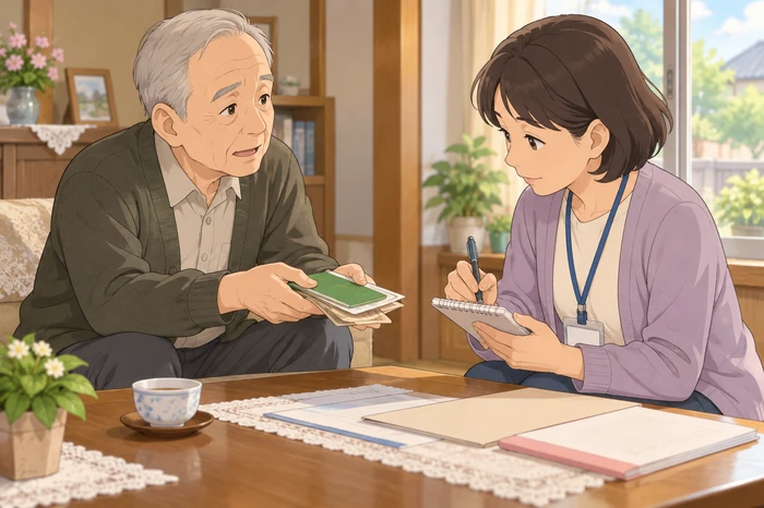 民生委員が一人暮らしの高齢者から通帳と現金の預かりを頼まれ、内容を確認しながらメモを取る様子の画像