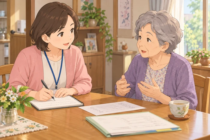 民生委員が高齢者の施設入所希望の理由を聴き取りノートに書き留める面談の画像