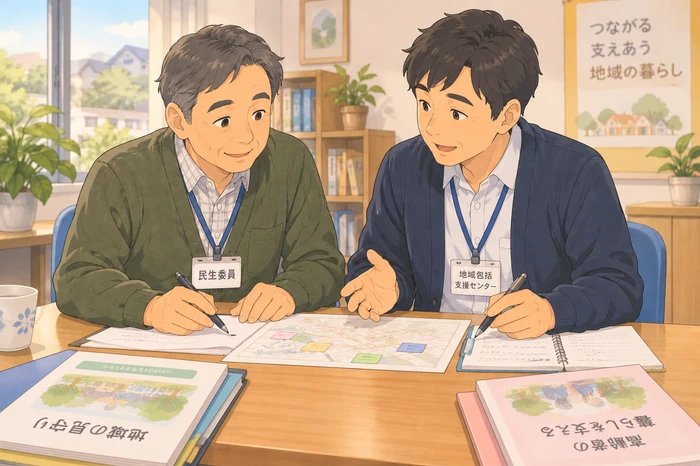 民生委員と地域包括支援センターの職員が一緒に高齢者の支援方法を話し合う場面の画像