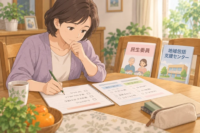 自宅のテーブルで相談先の違いを書き出す中年の家族の様子を示す画像