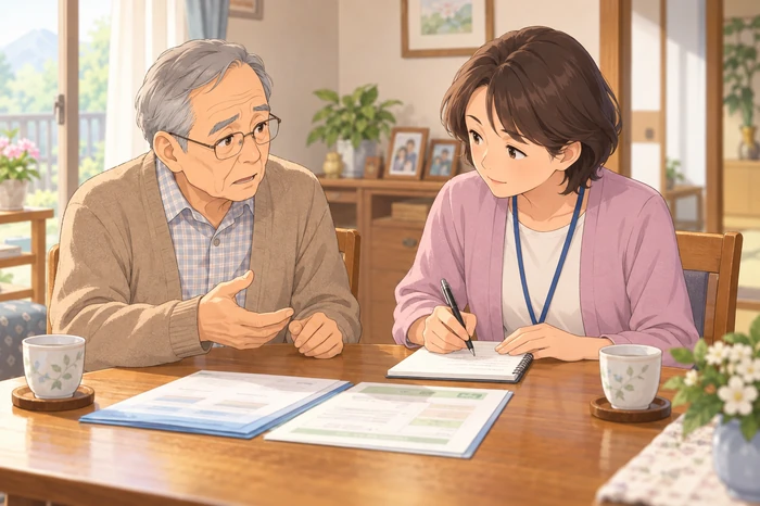 自宅で高齢者の相談を聞く民生委員とメモを取る場面の画像