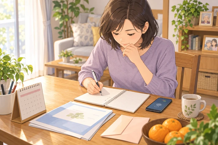 遠方の家族が自宅の机で相談メモを書き、民生委員へ伝える内容を整理している画像