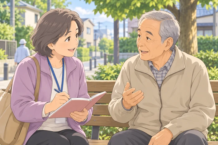 地域の民生委員が高齢者の生活上の困りごとを聞き取り、情報を整理して支援に繋げる要点を示す画像