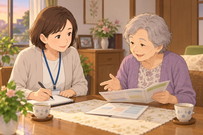 民生委員が高齢者宅でテーブルを挟んで話を聞き、必要な支援につなぐ相談場面の画像