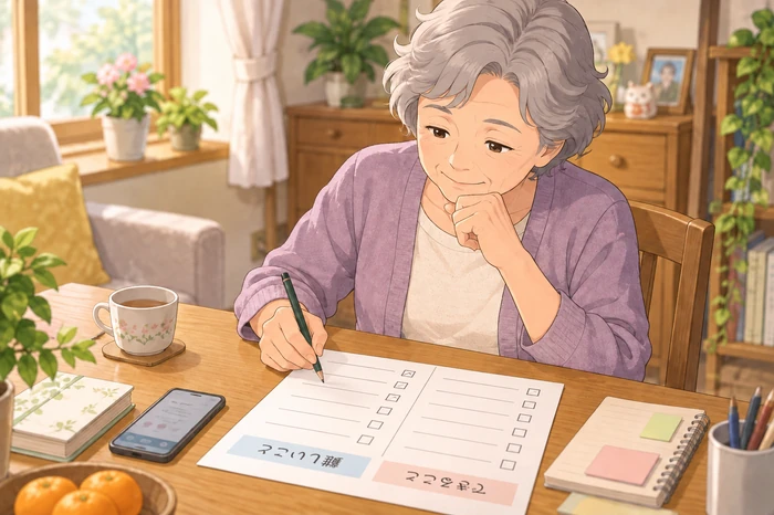 一人暮らしの高齢女性が机で「できること／難しいこと」のチェックリストを作っている画像