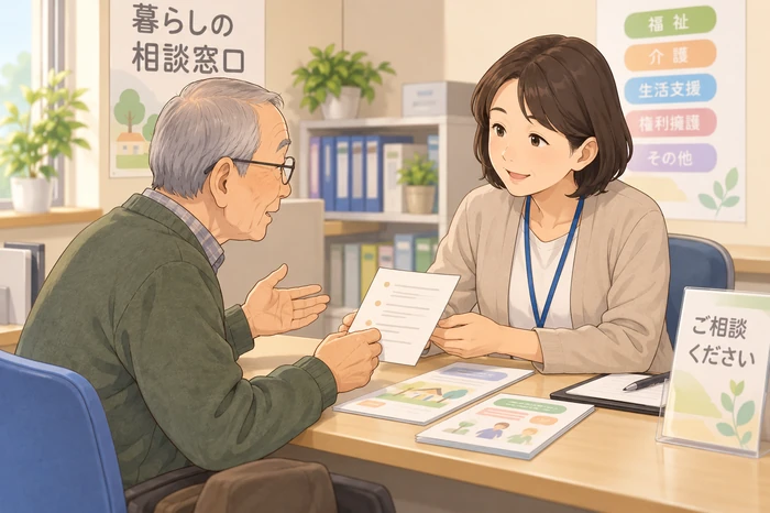 高齢男性が市区町村の相談窓口で職員と現状を伝えている画像