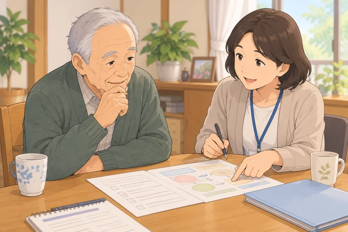 身寄りがない高齢者が民生委員とテーブルで相談内容を整理している画像