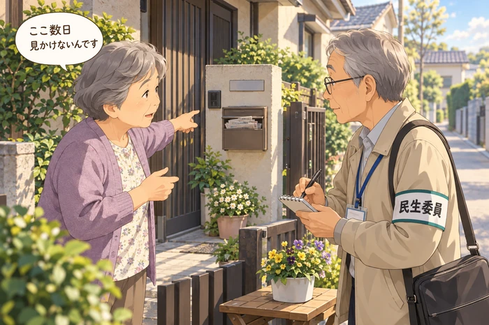 近所の人が普段と違う様子に気づき、民生委員に相談する場面の画像