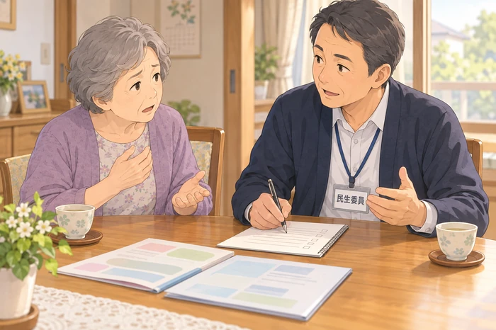民生委員が自宅で高齢者に役割の違いを説明する画像