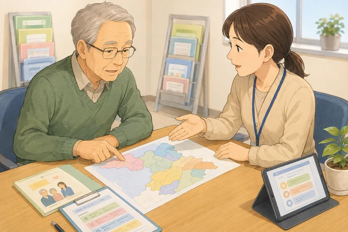 高齢の男性が地域包括支援センターの相談員と色分け図を見ながら担当地区や相談内容を確認している画像