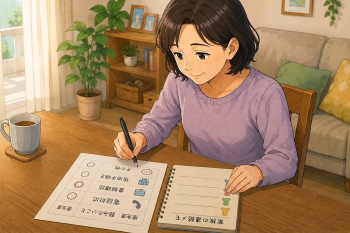 中年の女性が電話対応・書類確認・現地手続きの項目をアイコンとチェックリストで整理する画像
