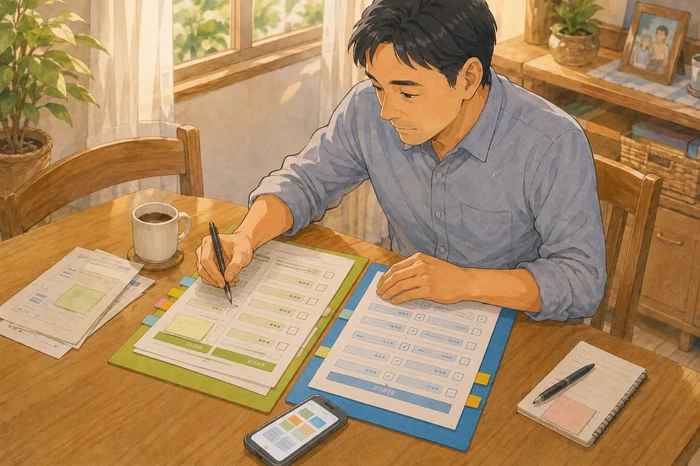 中年の息子が書類を二列に色分けして病院関連と地域相談を分ける作業をしている画像