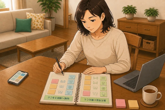 30〜40代の女性が地域へ相談する項目と身元保証に頼む項目を色分けした一覧で付箋整理をしている画像