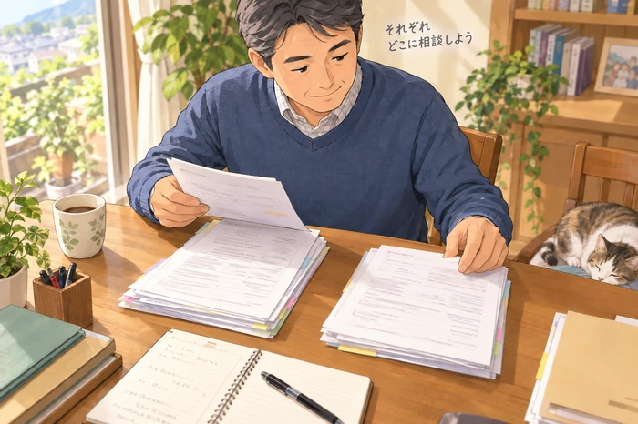 地域包括支援センターのパンフを広げ、生活相談と身元保証の項目を分けてメモする中年女性の場面画像